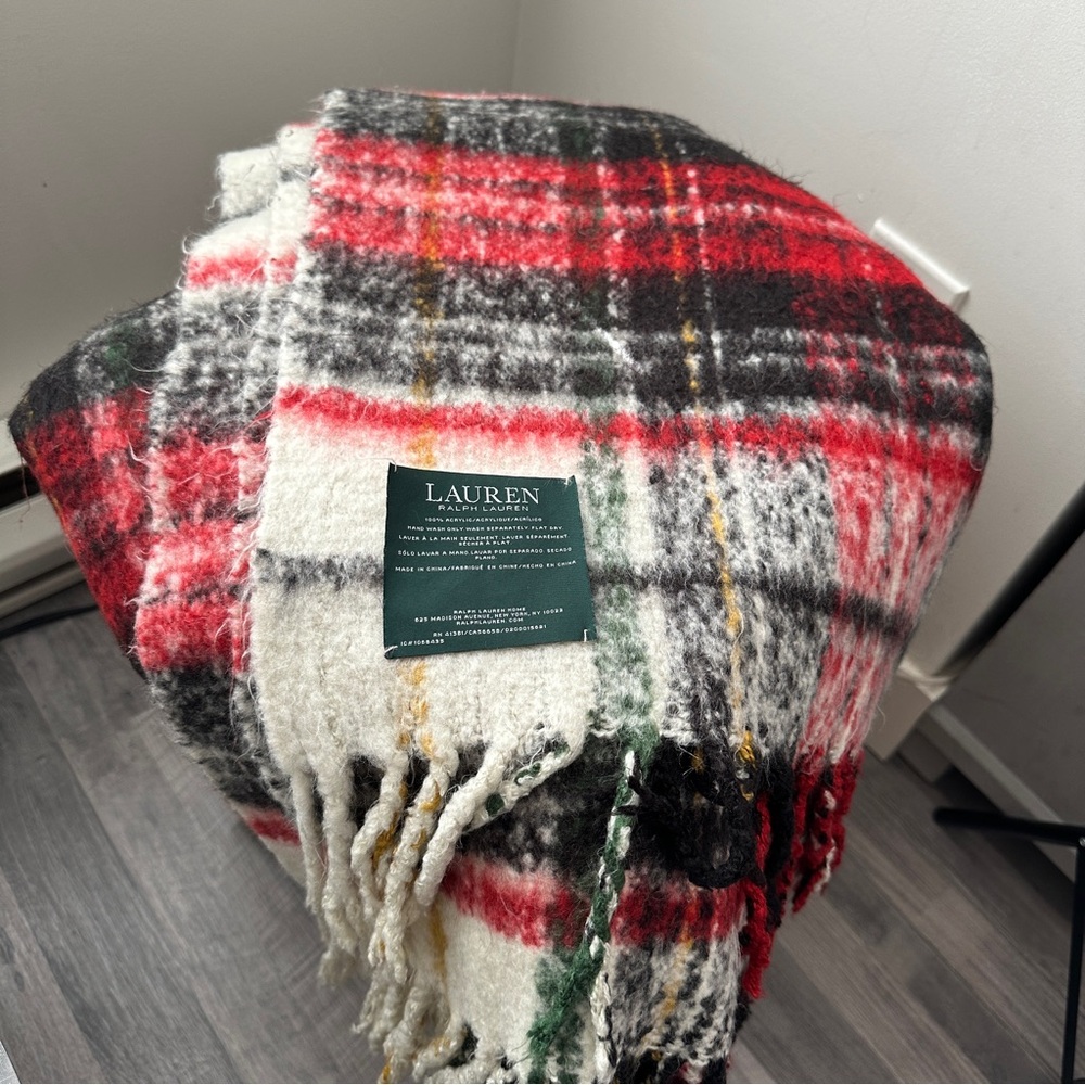 Ralph Lauren Large Plaid Thick Warm Throw Blanket Fringe - Home Bed Sofa